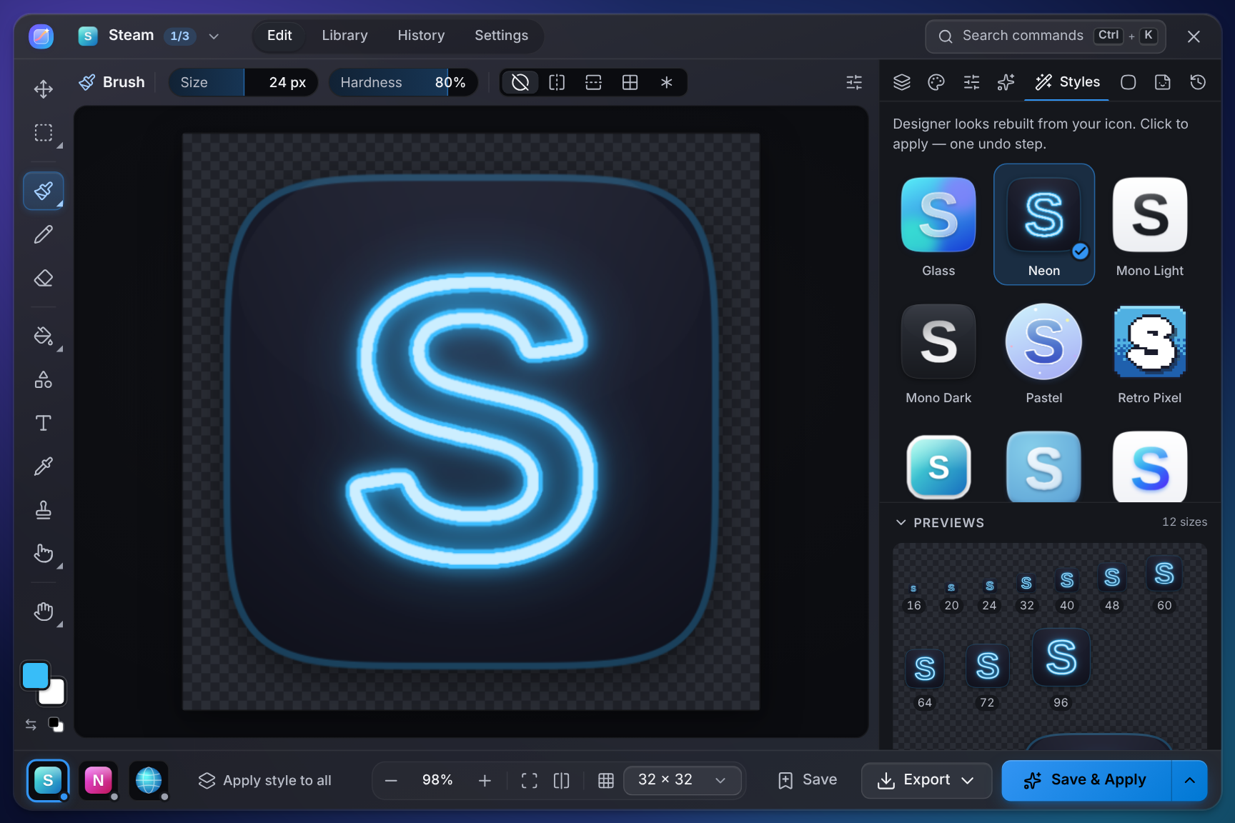 The Reskin editor: a shortcut's icon in the Neon style, with the tools, the Styles panel and previews at every size