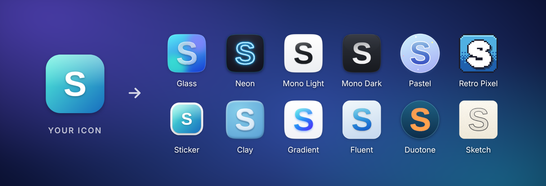One icon in all twelve styles: Glass, Neon, Mono Light, Mono Dark, Pastel, Retro Pixel, Sticker, Clay, Gradient, Fluent, Duotone and Sketch